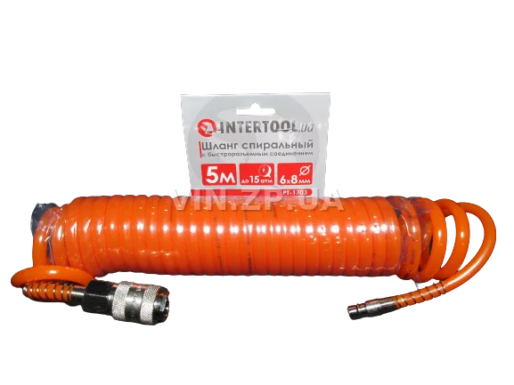 Шланг подкачки INTERTOOL 5м х 6,0 х 8мм, до 15 Атм, штуцерованный, спиральный, полиуретановый