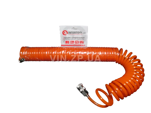 Шланг подкачки INTERTOOL 10м х 6,0 х 8мм, до 15 Атм, штуцерованный, спиральный, полиуретановый