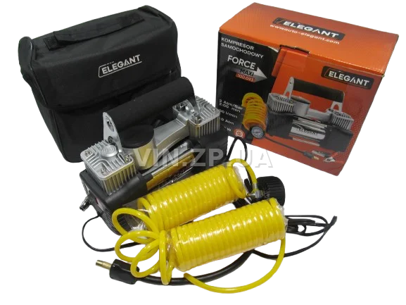 Компрессор автомобильный ELEGANT 300 Вт, 2-поршня ,10 Атм, 90 л/мин, зажимы на АКБ, спиральный.шланг до 7.5м, провод 3м 5