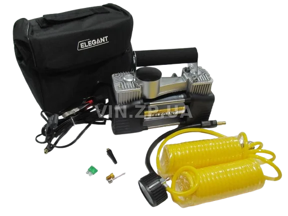 Компрессор автомобильный ELEGANT 300 Вт, 2-поршня ,10 Атм, 90 л/мин, зажимы на АКБ, спиральный.шланг до 7.5м, провод 3м