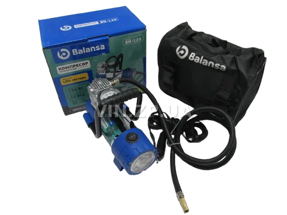 Компрессор автомобильный BALANSA 150 Вт, 10 Атм, 35 л/мин, в прикуриватель, с фонарём, шланг 1м , провод 3м 4
