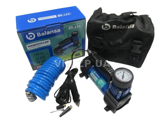 Компрессор автомобильный BALANSA 150 Вт, 10 Атм, 35 л/мин, в прикуриватель, съёмный спиральный шланг до 3м , провод 3м 5