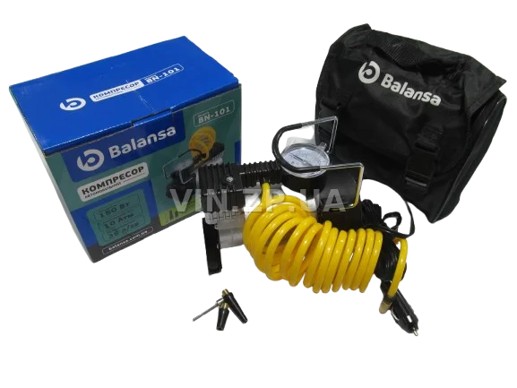 Компрессор автомобильный BALANSA 150 Вт, 10 Атм, 35 л/мин, в прикуриватель, спиральный шланг до 3м , провод 3м 4