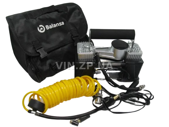 Компрессор автомобильный BALANSA 200 Вт, 2-поршня ,10 Атм, 60 л/мин, в прикуриватель, съёмный спиральный.шланг до 5 м, провод 3м