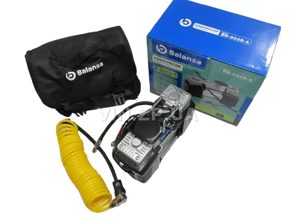Компрессор автомобильный BALANSA 200 Вт, 2-поршня ,10 Атм, 60 л/мин, зажимы на АКБ, съёмный спиральный.шланг до 5 м, провод 3м 5