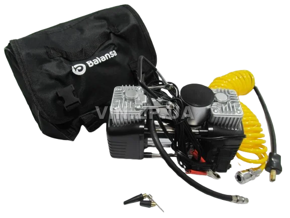 Компрессор автомобильный BALANSA 200 Вт, 2-поршня ,10 Атм, 60 л/мин, зажимы на АКБ, съёмный спиральный.шланг до 5 м, провод 3м