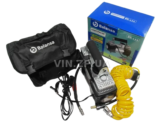 Компрессор автомобильный BALANSA 200 Вт, 2-поршня ,10 Атм, 60 л/мин, зажимы на АКБ, с фонарем,съёмный спиральный.шланг до 5 м, провод 3м 6