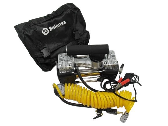 Компрессор автомобильный BALANSA 200 Вт, 2-поршня ,10 Атм, 60 л/мин, зажимы на АКБ, с фонарем,съёмный спиральный.шланг до 5 м, провод 3м